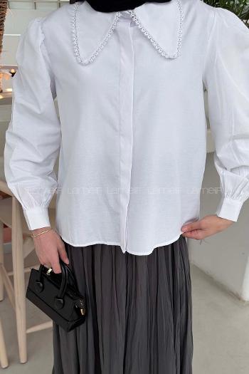 Lamelif Bebe Yaka Dantel Dikişli Gömlek Beyaz