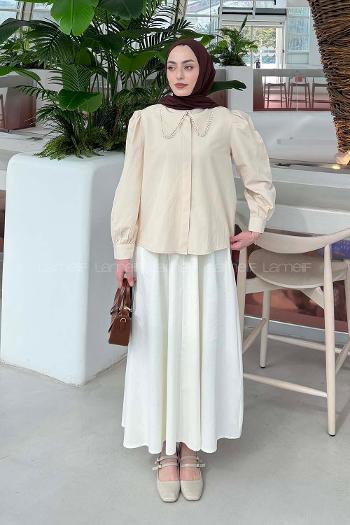 Lamelif Bebe Yaka Dantel Dikişli Gömlek Krem