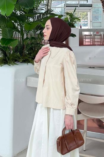 Lamelif Bebe Yaka Dantel Dikişli Gömlek Krem