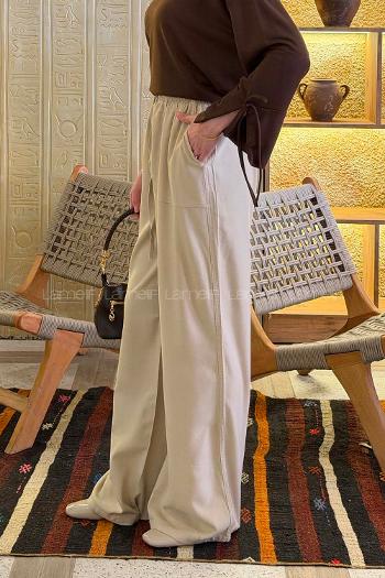 Lamelif Bol Paça Yüksek Bel Palazzo Pantolon Taş Rengi