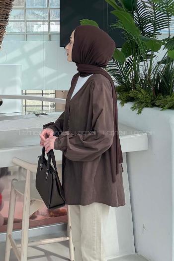 Lamelif Brit düğmeli V Yaka Gömlek Acı Kahve