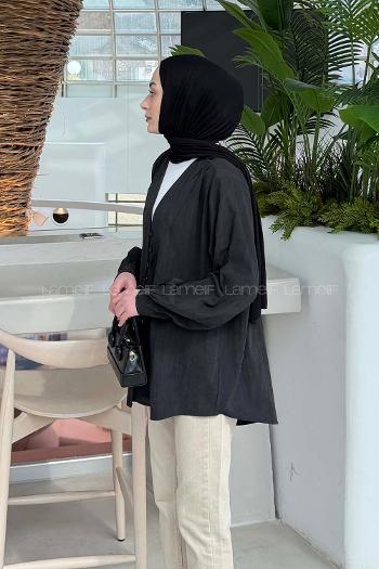 Lamelif Brit düğmeli V Yaka Gömlek Siyah