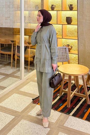 Mint Green Shirt Collar Long Arm Cotton Lycra Regular Trousers Material Suit