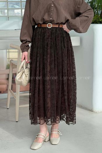 Lamelif Çiçek Baskılı Kemerli Etek Acı Kahve