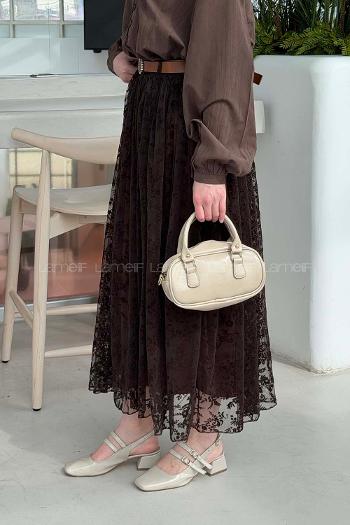 Lamelif Çiçek Baskılı Kemerli Etek Acı Kahve