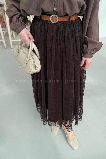 Lamelif Çiçek Baskılı Kemerli Etek Acı Kahve