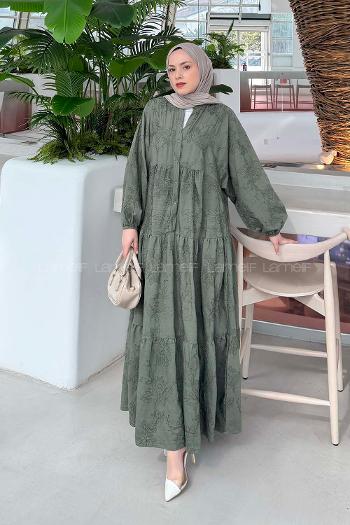 Lamelif Çiçek Desenli Elbise Haki