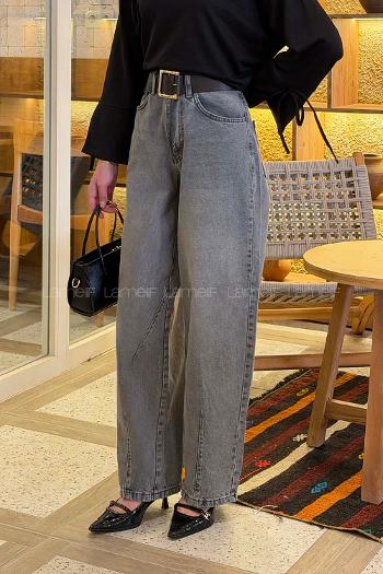 Lamelif Çift Pensli Boyfriend Pantolon Gri