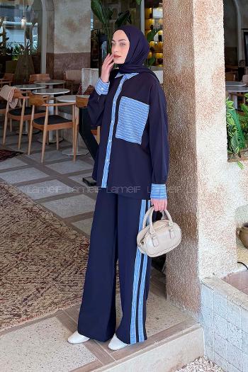 Lamelif Çizgili Pantolonlu Takım Lacivert