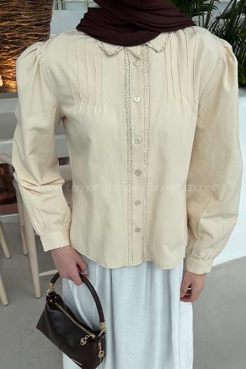 Lamelif Dantel Dikişli Gömlek Krem