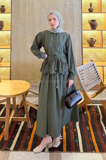 Lamelif Etek Ucu Pileli Bağlamalı Takım Haki