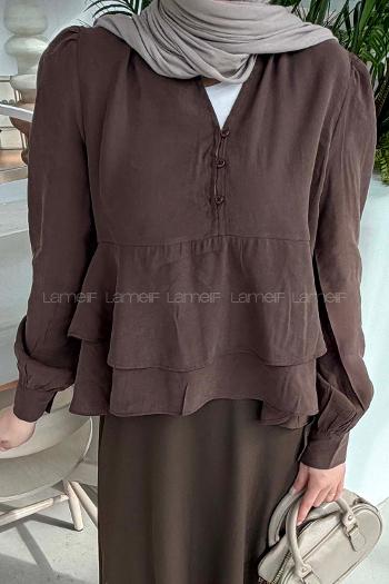 Lamelif Fırfırlı Bluz Acı Kahve