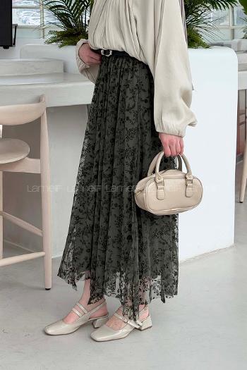 Lamelif Floklu Etek Haki