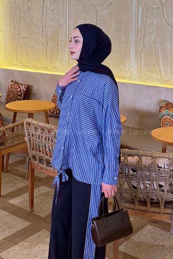 Lamelif Garnili Çizgili Pantolonlu Takım Lacivert