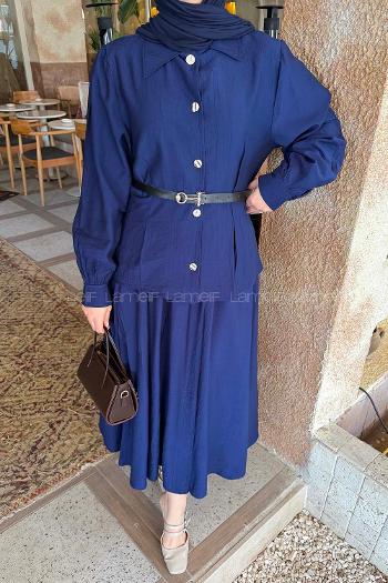 Lamelif Kemer Detaylı Etekli Takım Lacivert