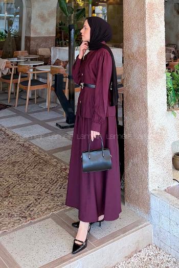 Lamelif Kemer Detaylı Etekli Takım Mürdüm