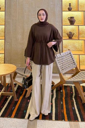 Lamelif Kol Biyeli Sweat Kahverengi