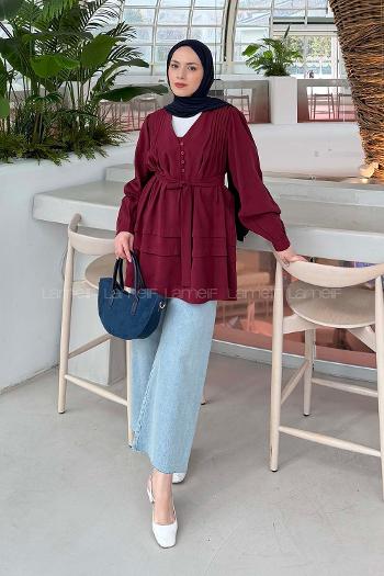 Lamelif Kuşaklı Gömlek Bordo