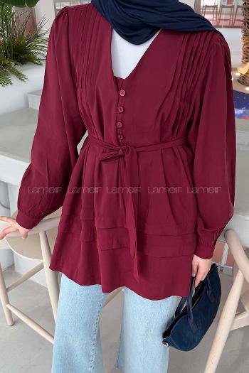 Lamelif Kuşaklı Gömlek Bordo