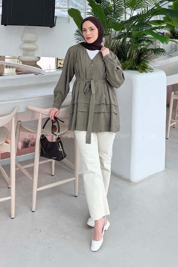 Lamelif Kuşaklı Gömlek Haki