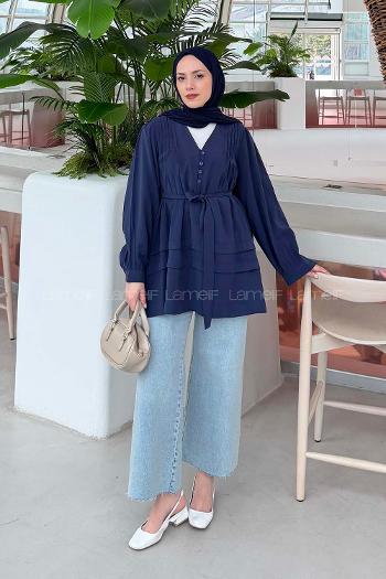 Lamelif Kuşaklı Gömlek Lacivert