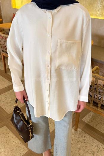 Lamelif Tek Cep Detaylı Çizgi Geçişli Gömlek Beyaz