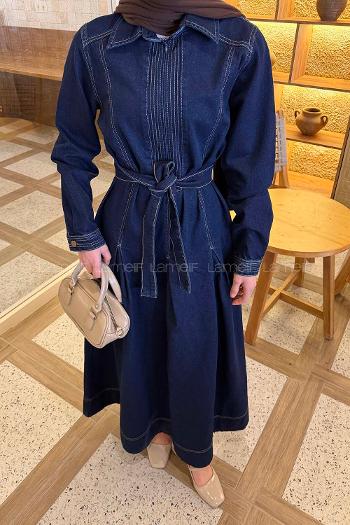 Lamelif Bağlama Detaylı Kot Elbise Koyu Mavi