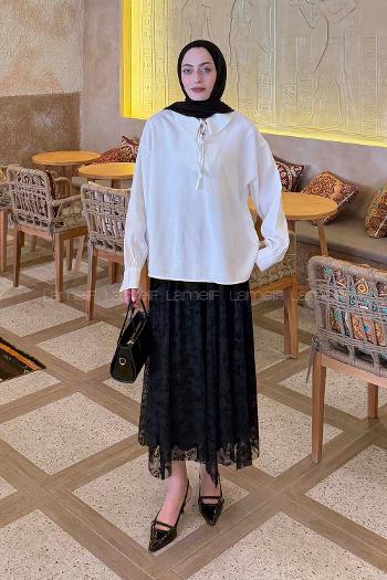 Lamelif Bebe Yaka Bağlamalı Tunik Beyaz