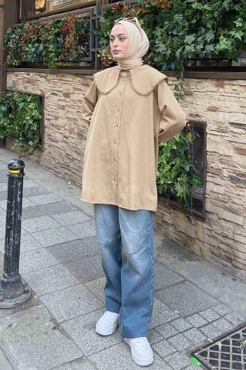 Lamelif Bebe Yaka Dantel Detaylı Gömlek Bej