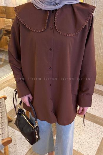 Lamelif Bebe Yaka Dantel Detaylı Gömlek Kahverengi