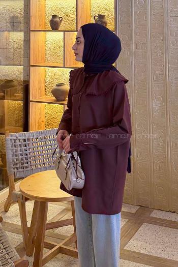 Lamelif Bebe Yaka Dantel Detaylı Gömlek Mürdüm