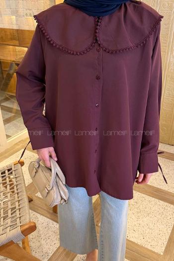 Lamelif Bebe Yaka Dantel Detaylı Gömlek Mürdüm