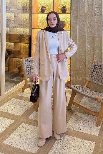 Lamelif Ceket-Pantolon Takım Krem