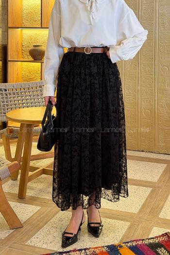 Lamelif Çiçek Baskılı Kemerli Etek Siyah