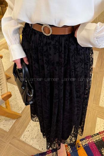 Lamelif Çiçek Baskılı Kemerli Etek Siyah