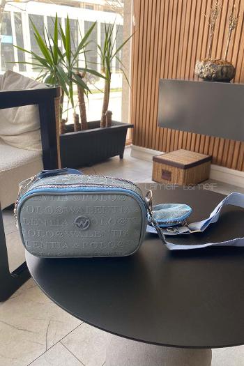 Lamelif Cuci Valento Yazılı İki Bölmeli Çapraz Kadın Çanta  Bebe Mavisi