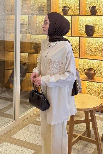 Lamelif Dantel Detaylı Gömlek Taş Rengi