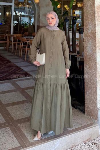 Lamelif Düğme Kapama Tesettür Elbise Haki
