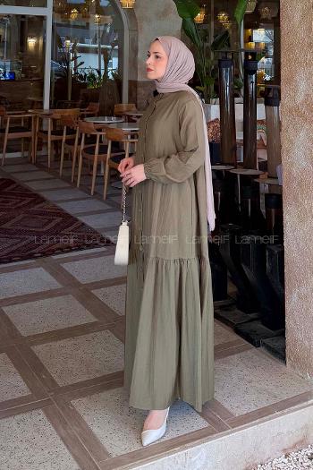 Lamelif Düğme Kapama Tesettür Elbise Haki