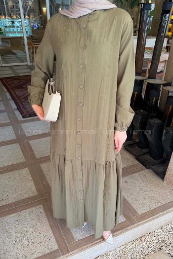Lamelif Düğme Kapama Tesettür Elbise Haki