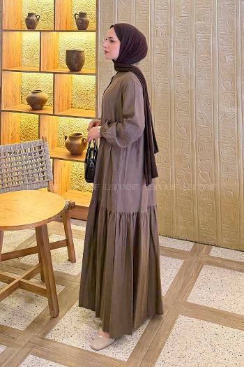 Lamelif Düğme Kapama Tesettür Elbise Kahverengi