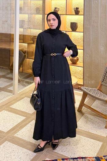 Lamelif Düğme Kapama Tesettür Elbise Siyah
