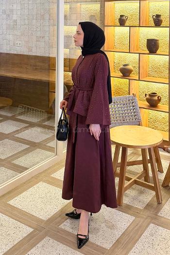 Lamelif Taşlı Bağlamalı Takım Bordo