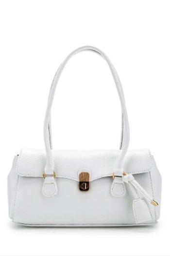 Lamelif Tokalı Deri Charmlı Yatay Klasik Omuz Çantası Beyaz