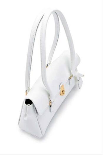 Lamelif Tokalı Deri Charmlı Yatay Klasik Omuz Çantası Beyaz