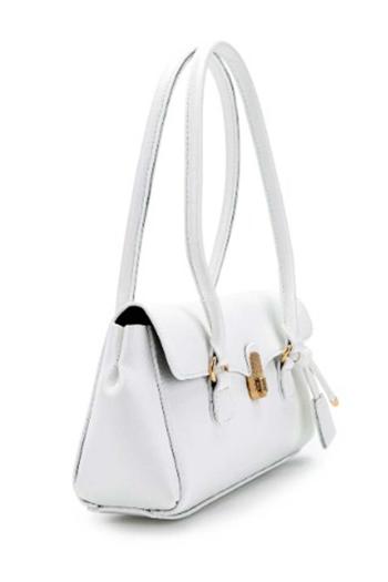 Lamelif Tokalı Deri Charmlı Yatay Klasik Omuz Çantası Beyaz