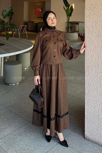 Lamelif Cep Detaylı Etekli Takım Kahverengi