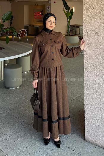 Lamelif Cep Detaylı Etekli Takım Kahverengi