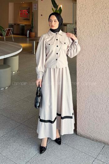 Lamelif Cep Detaylı Etekli Takım Taş Rengi