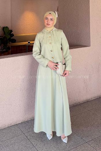 Lamelif Fiyonk Görünümlü Çift Yaka Takım Mint Yeşili